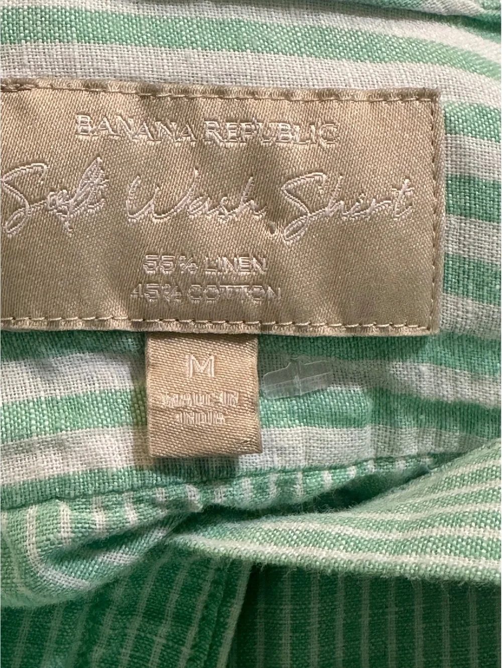 Banana Republic Sea Salt Washed Linen Cotton Shirt in Light Green Stripe, Size M